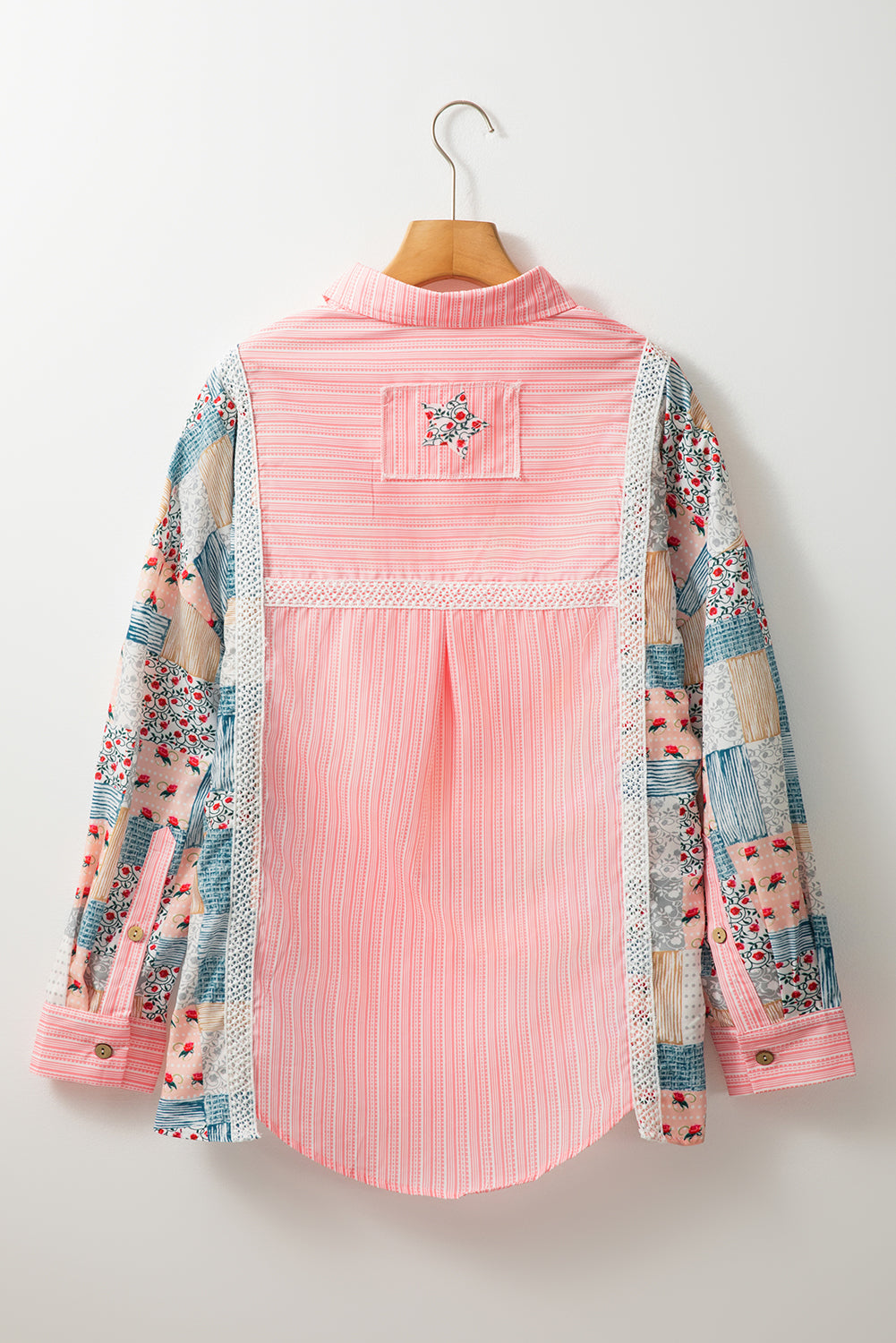 Pink Stripe Floral Patchwork Tunic Loose Fit Shirt