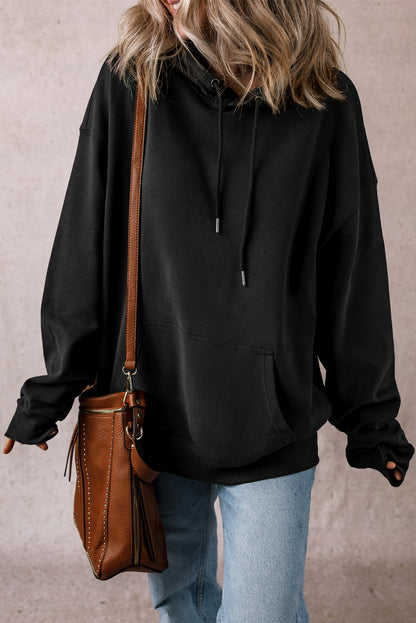 Black Fleece Lined Kangaroo Pocket Drawstring Chunky Hoodie