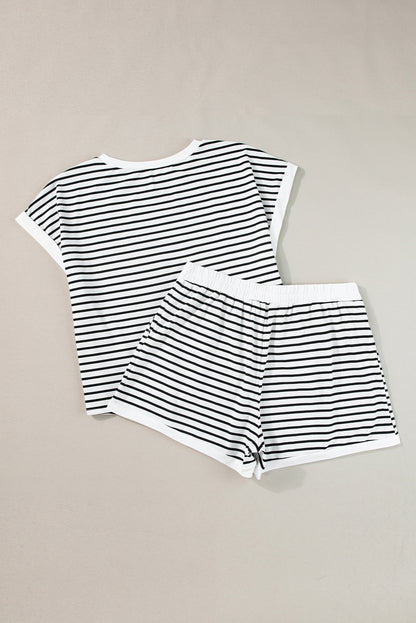 White Stripe Contrast Edge Tee and Shorts Set