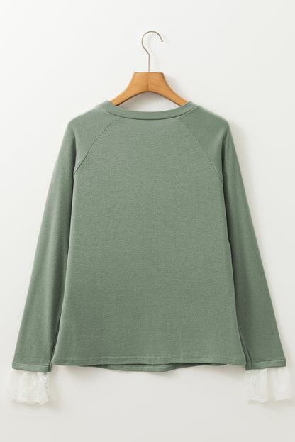 Grass Green Seam Detail Lace Contrast Cuffs Raglan Sleeve Top