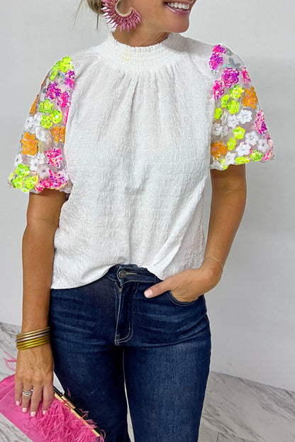 White Smocked Collar Sequin Flower Puff Sleeve Textured Top