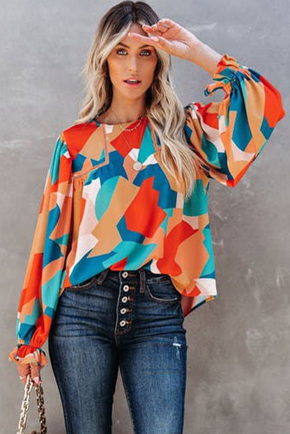 Multicolor Abstract Pattern Crewneck Ruffled Puff Sleeve Blouse