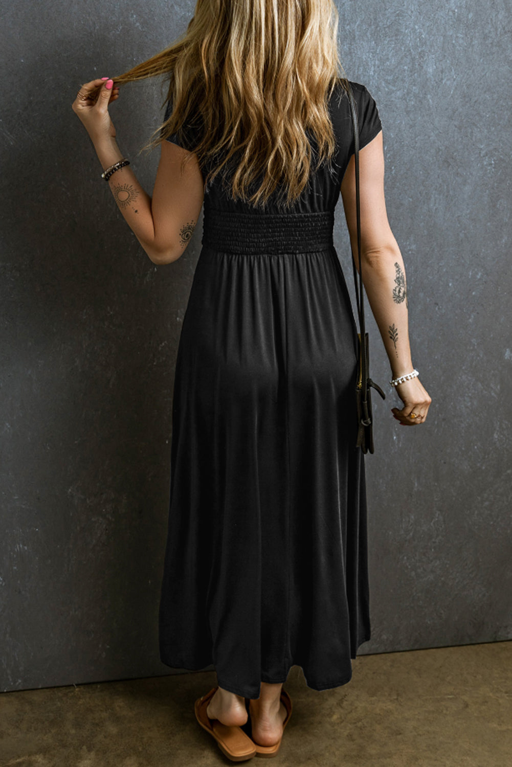 Black Short Sleeve Shirred High Waist V Neck Maxi Dress