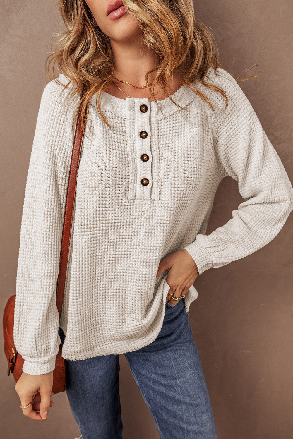 Oatmeal Waffle Knit Buttoned Front Raglan Sleeve Loose Blouse