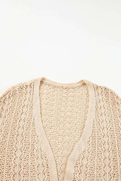 Apricot Hollow Out Knit Drop Shoulder Open Front Cardigan