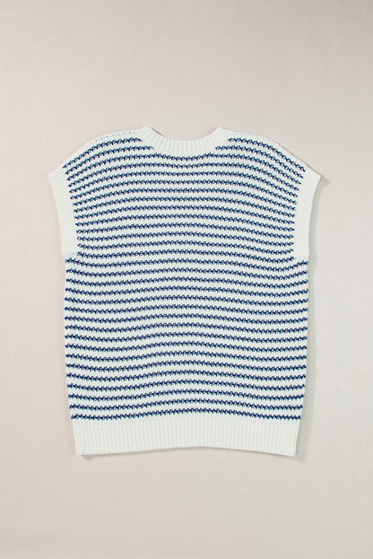 Blue Stripe Ribbed Trim Loose Fit Knitted Sweater Vest