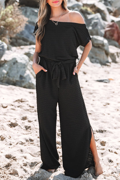 Black Checkered Mesh One Shoulder Short Sleeve Knotted Waist Jumpsuit