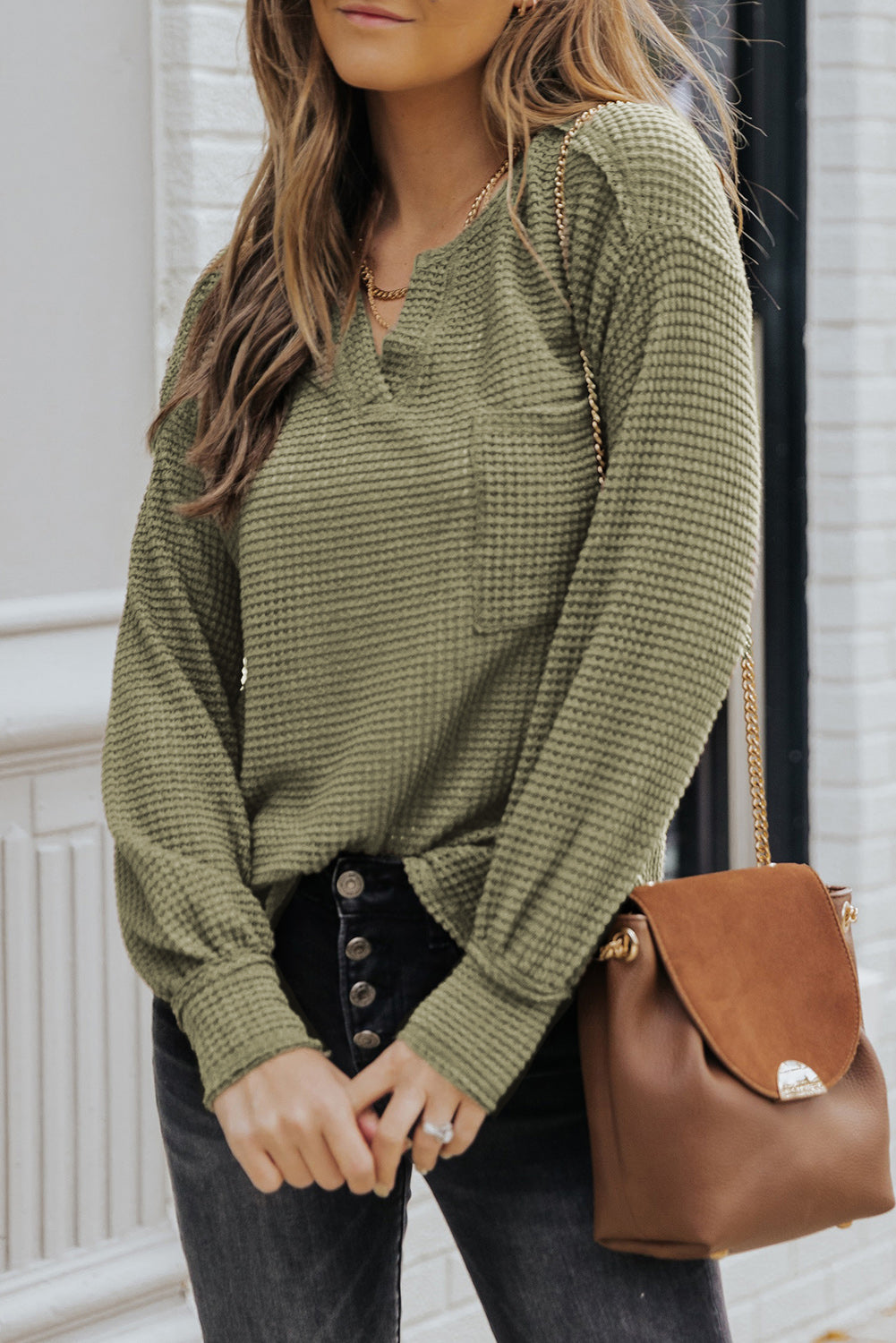 Green Waffle Knit Split Neck Pocketed Loose Top