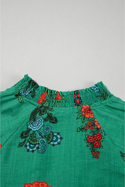 Bright Green Floral Print Buttoned V Neck Short Sleeve Blouse