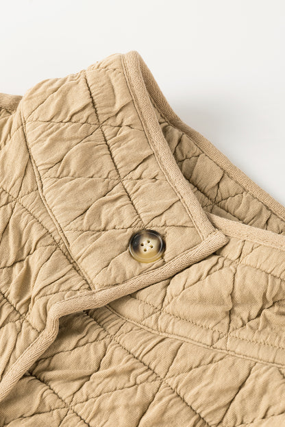 Khaki Quilted Button Front Funnel Neck Jacket