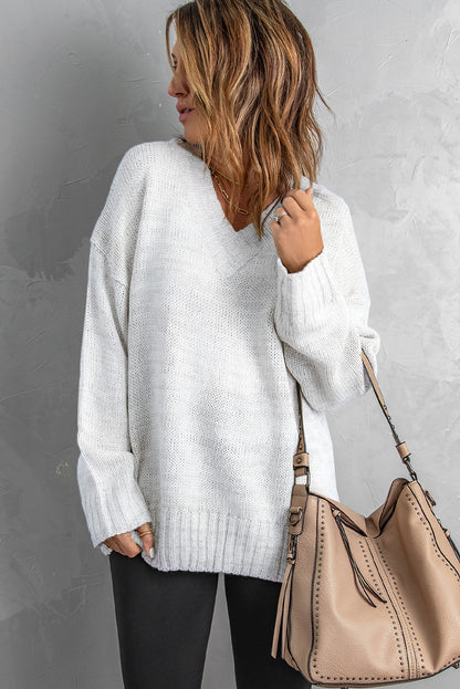 White V neck Drop Shoulder Knitted Sweater