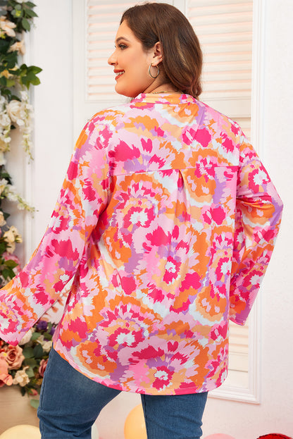 Pink Plus Size Abstract Floral Print V Neck Blouse