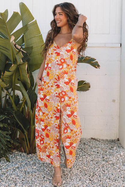 Orange Floral V Neck Wide Leg Sleeveless Jumpsuit