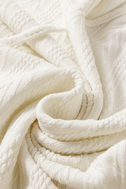 Beige Floral Patchwork Textured Knit Drawstring V Neck Blouse