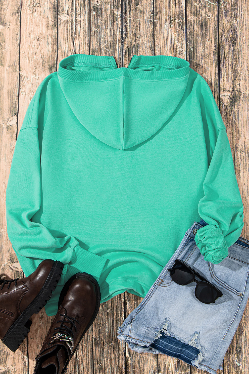 Aruba Blue Solid Kangaroo Pocket Half Zipper Oversized Hoodie