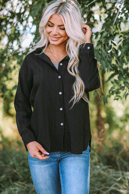 Black Textured Buttoned Pocket Long Sleeve Shirt