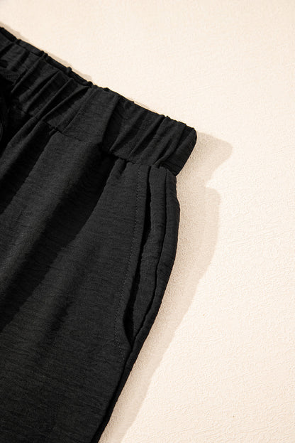 Black Buttoned Vest Drawstring Wide Leg Pants 2pcs Set