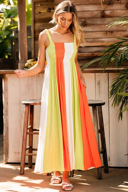 Green Color Block Shirred High Waist Fit and Flare Maxi Dress