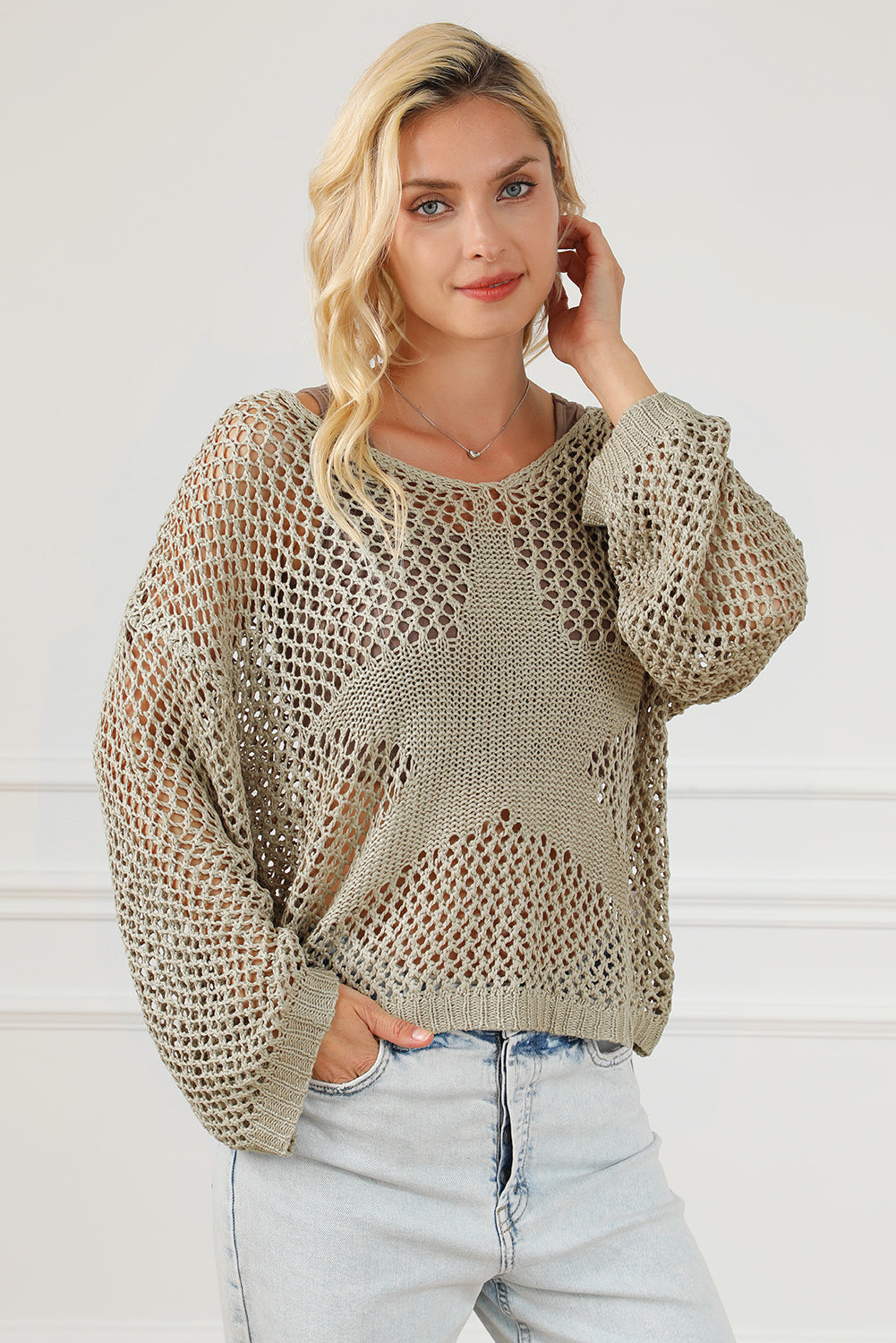 Light French Beige Star Pointelle Knit Baggy Sweater