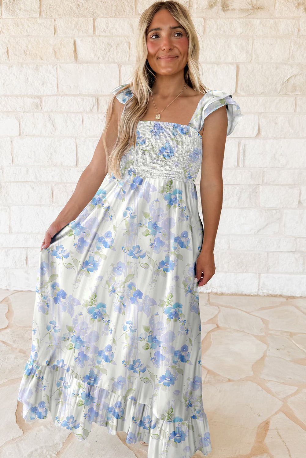 Sky Blue Floral Smocked High Waist Double Ruffle Sleeveless Maxi Dress