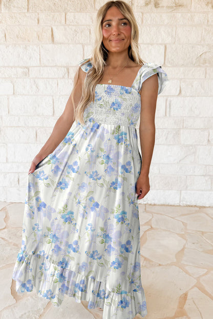 Sky Blue Floral Smocked High Waist Double Ruffle Sleeveless Maxi Dress