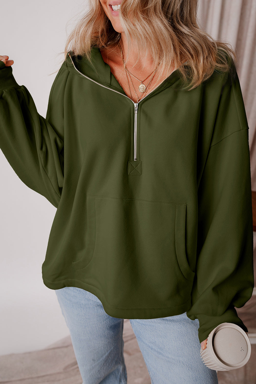 Moss Green Fleece Lined Half Zipper Kangaroo Pockets Loose Hoodie