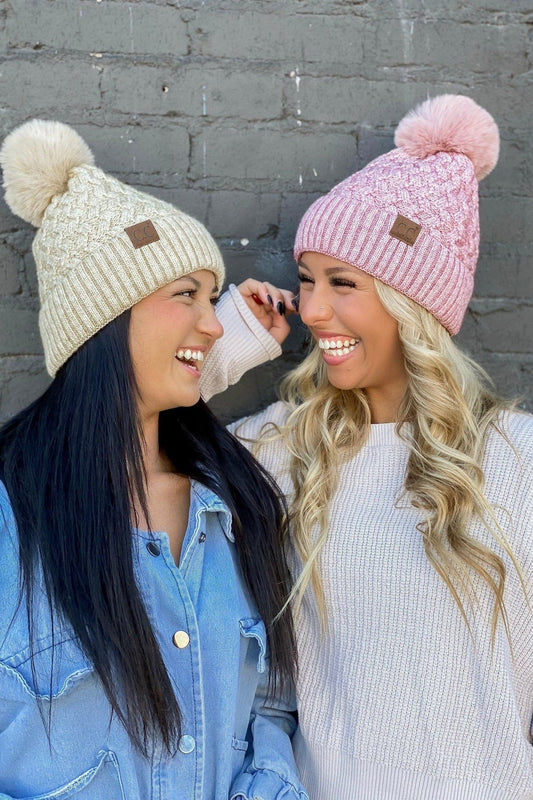 Kayley Woven Cable Knit Cuffed Pom Beanie