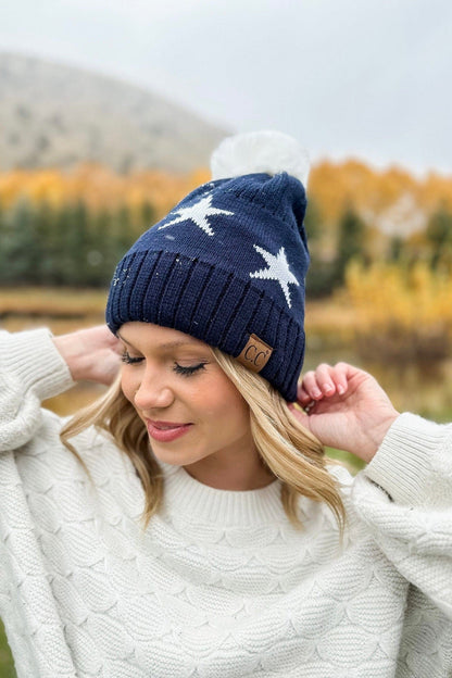 Ava Star Print Pom Beanie