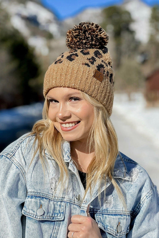 Evelyn Leopard Jacquard Knit Pom Beanie