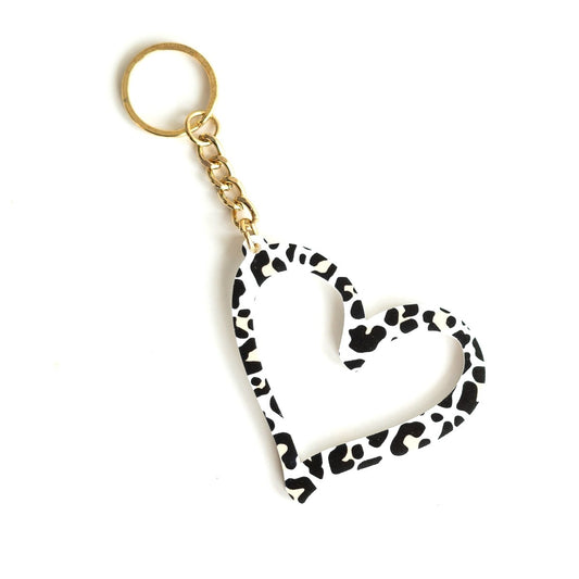 White Leopard Print Heart Keychain