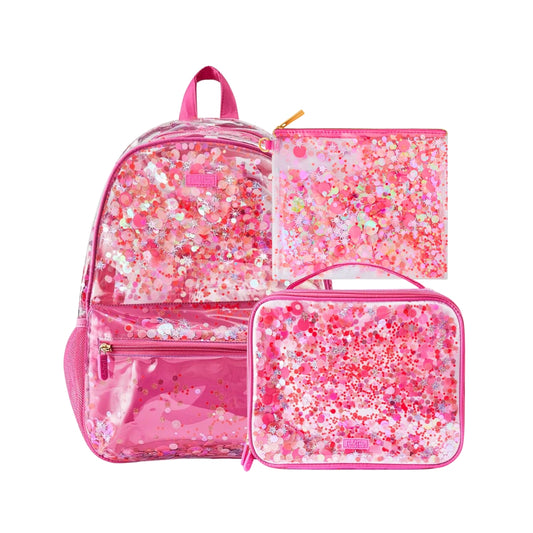 Hot Pink Glitter Confetti Backpack, Lunchbox & Pouch Matching Set