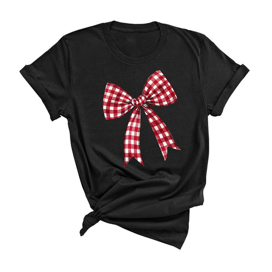 Black Garnet Check Bow Game Day T-Shirt