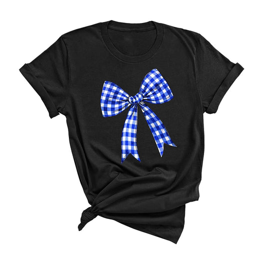 Black Royal Blue Check Bow Game Day T-Shirt