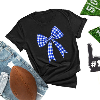 Black Royal Blue Check Bow Game Day T-Shirt