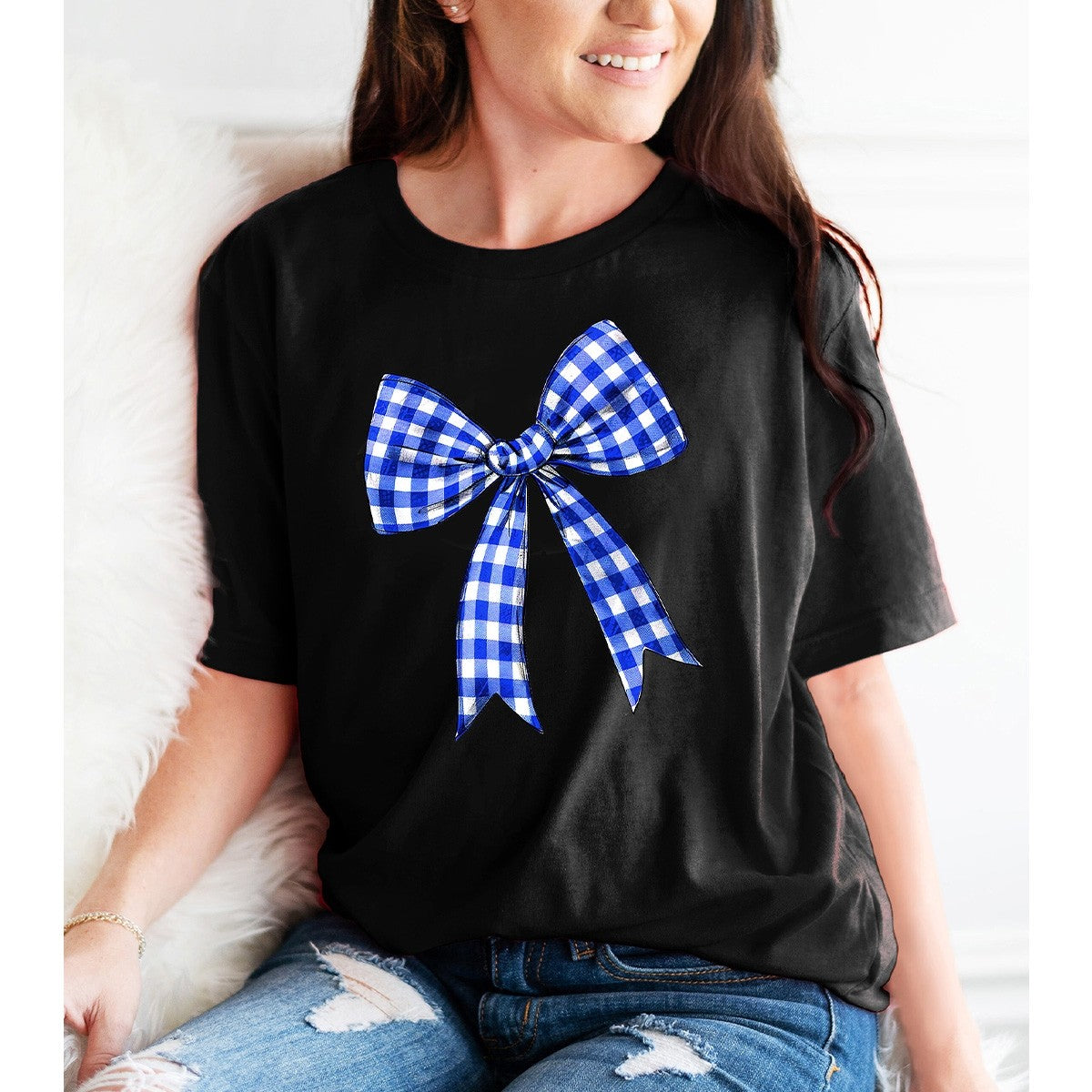 Black Royal Blue Check Bow Game Day T-Shirt