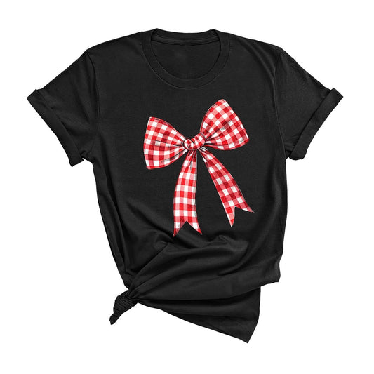 Black Red Check Bow Game Day T-Shirt