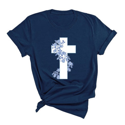 Blue Floral Cross T-Shirt