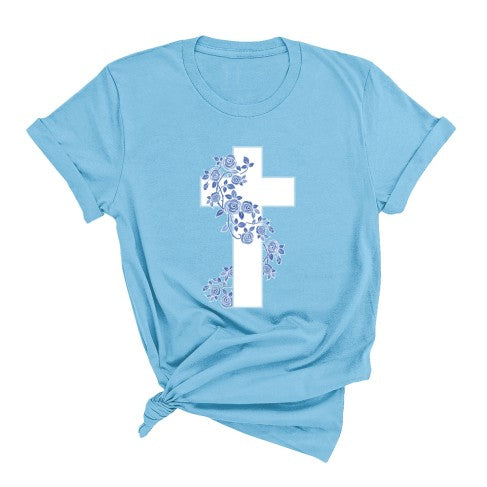 Blue Floral Cross T-Shirt