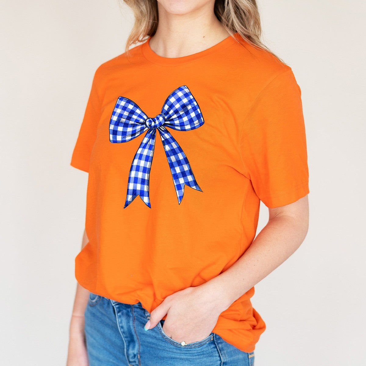 Orange Royal Blue Check Bow Game Day T-Shirt