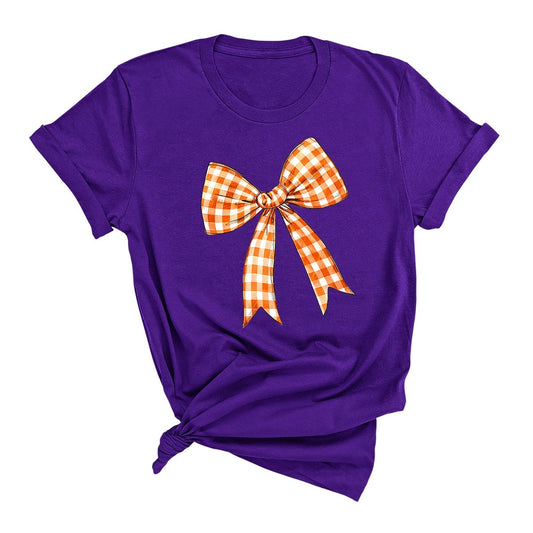 Purple Orange Check Bow Game Day T-Shirt