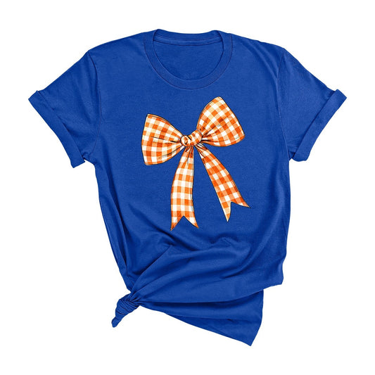 Royal Blue Orange Check Bow Game Day T-Shirt