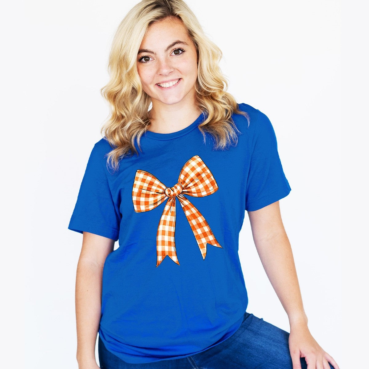 Royal Blue Orange Check Bow Game Day T-Shirt