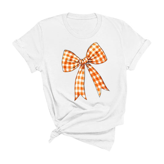 White Orange Check Bow Game Day T-Shirt