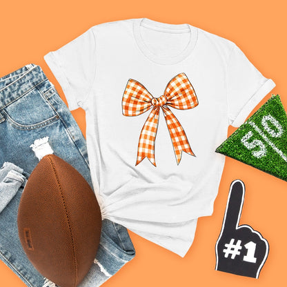 White Orange Check Bow Game Day T-Shirt