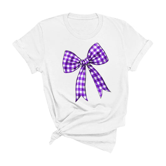 White Purple Check Bow Game Day T-Shirt