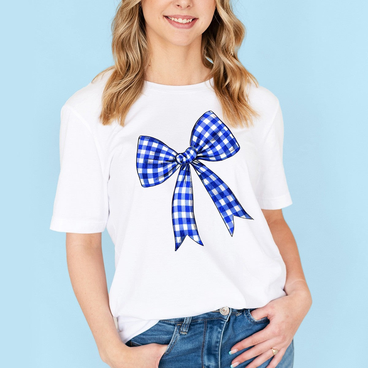 White Royal Blue Check Bow Game Day T-Shirt