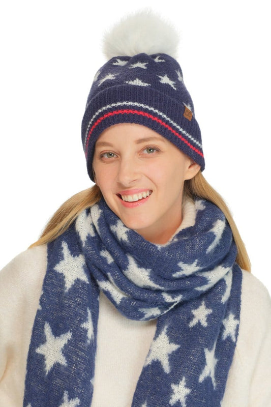 All Over Star and Stripe Cuff Pom Beanie