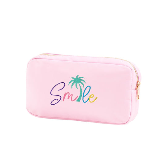 Embroidered Palm Tree Smile Pink Accessory Bag