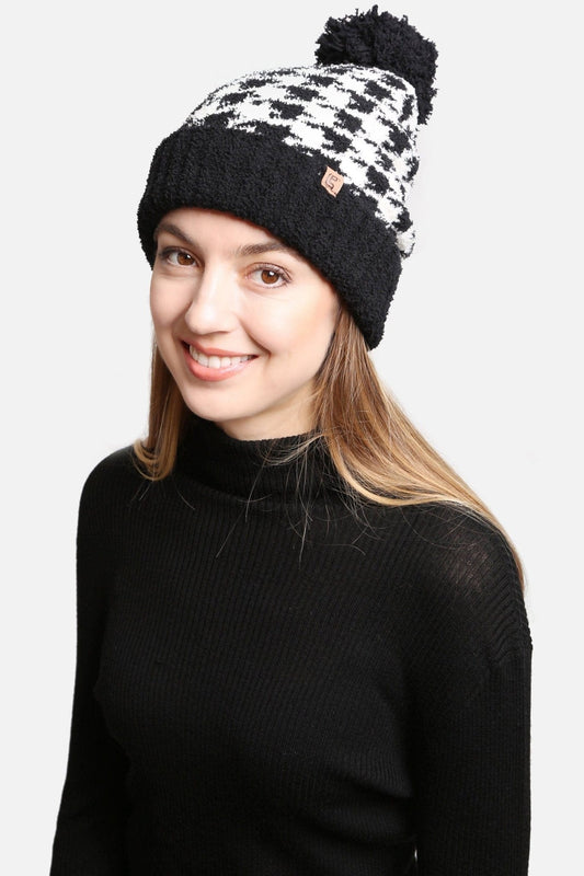 Houndstooth Super Lux Cuffed Pom-Pom Beanie