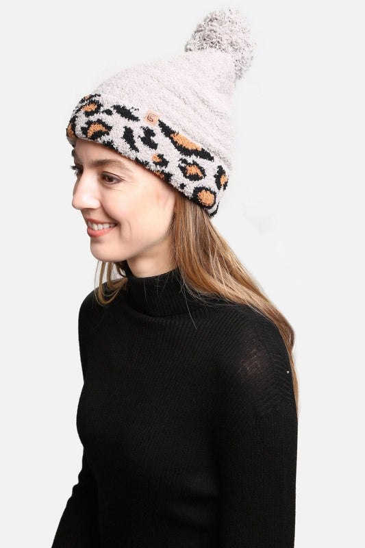 Leopard Cuffed  Super Lux Lined Pom-Pom Beanie